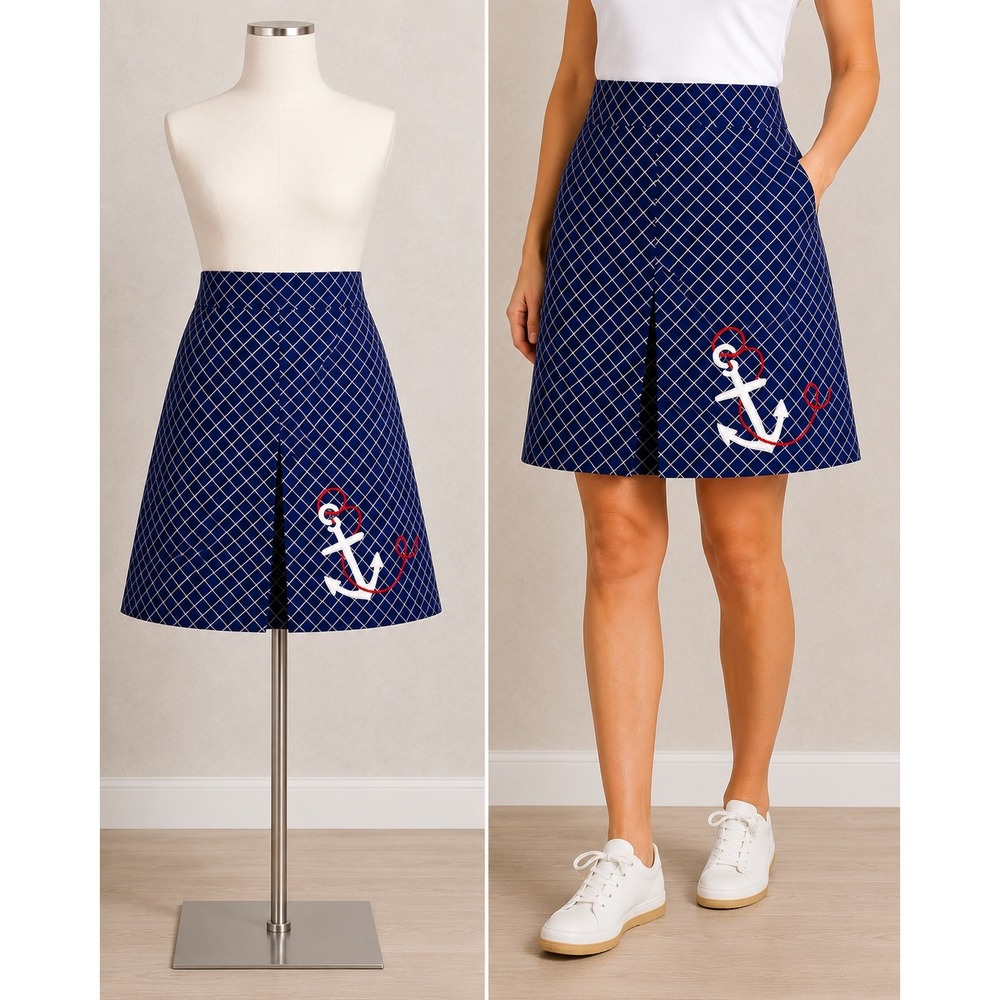 LL Bean A-Line Skirt Womens 14 Blue Nautical Anchor Embroidered Lattice Pockets